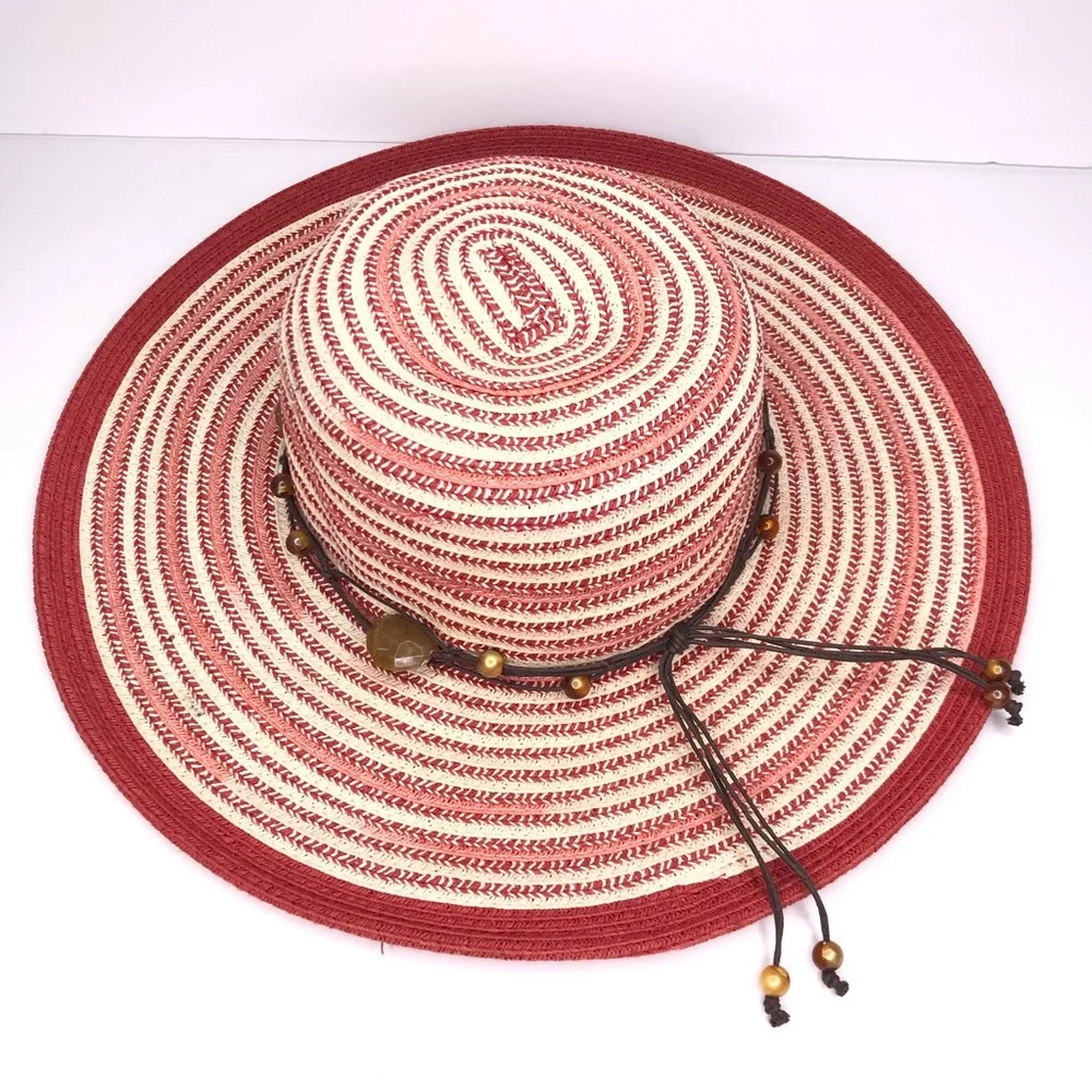 SUN N SAND Red Woven Beach Hat With Beaded Trim